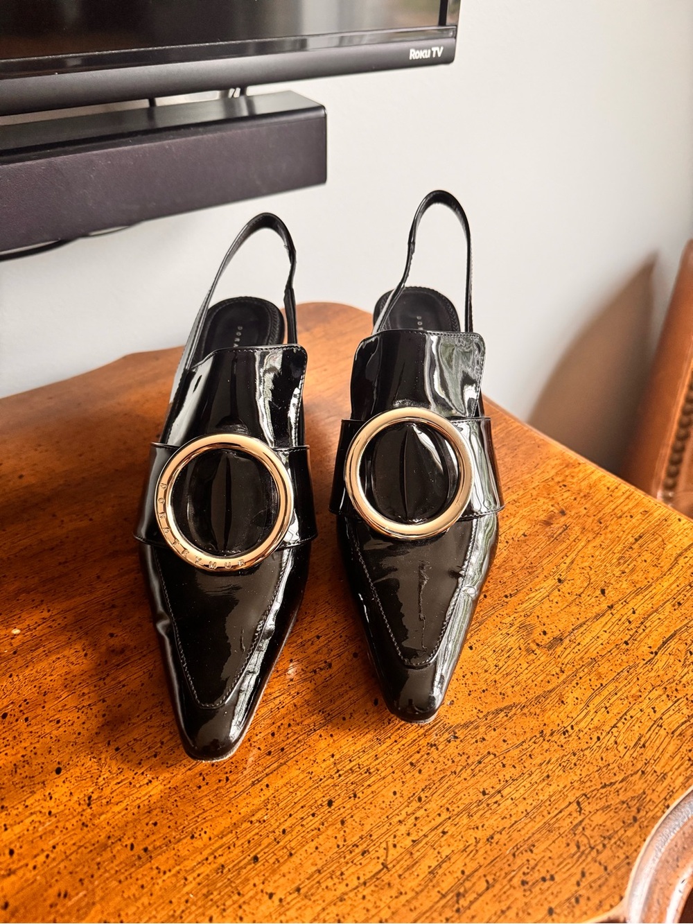 Dorateymur Patent Leather Black Slingback Mules with Silver Ring Accent